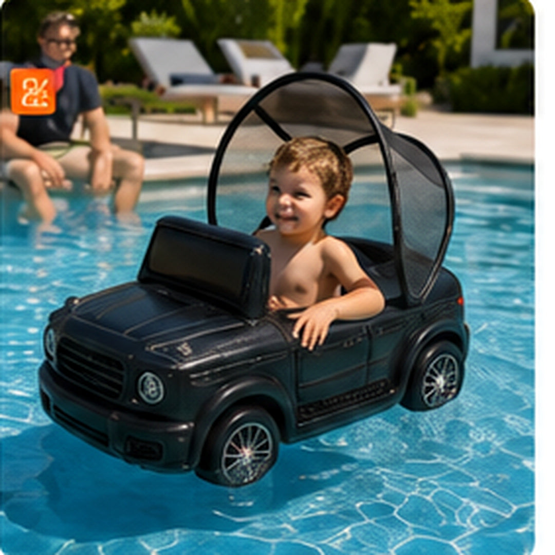 AquaVroom black inflatable pool car in a swimming pool