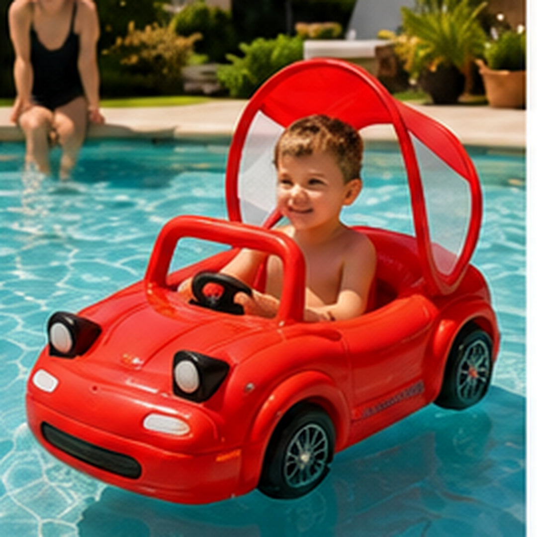 AquaVroom red inflatable pool car in a swimming pool