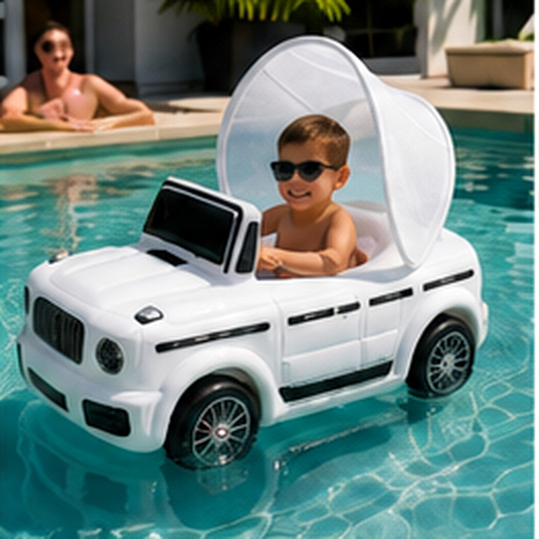 AquaVroom white inflatable pool car in a swimming pool