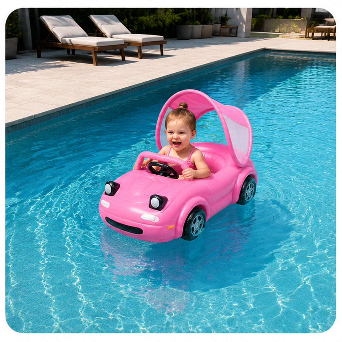 AquaVroom pink inflatable pool car in a swimming pool