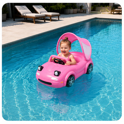 AquaVroom pink inflatable pool car in a swimming pool