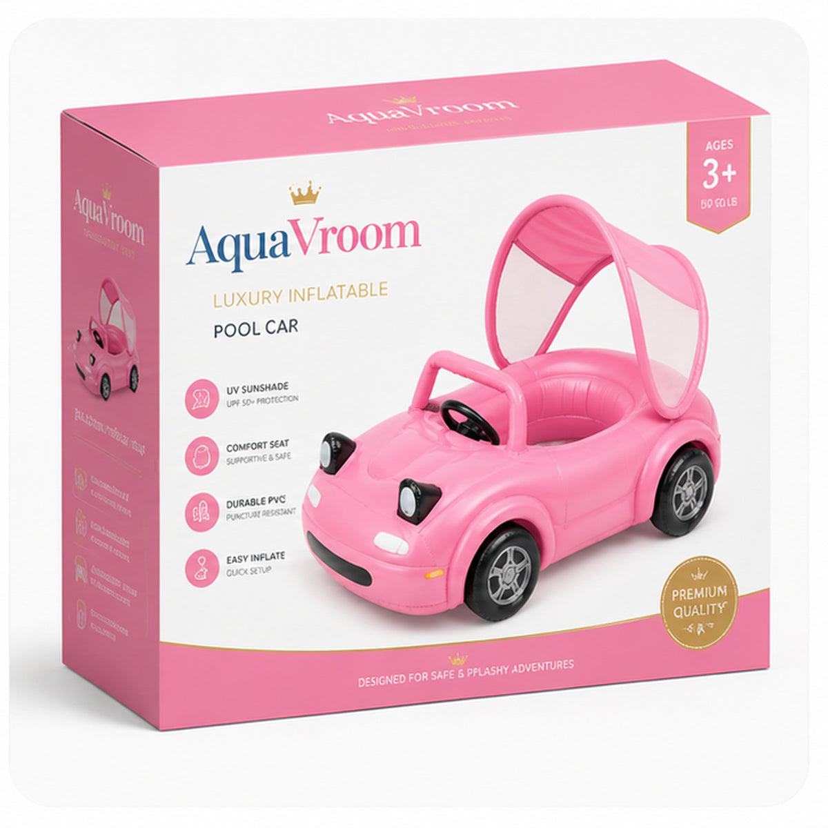 AquaVroom pink inflatable pool car packaging