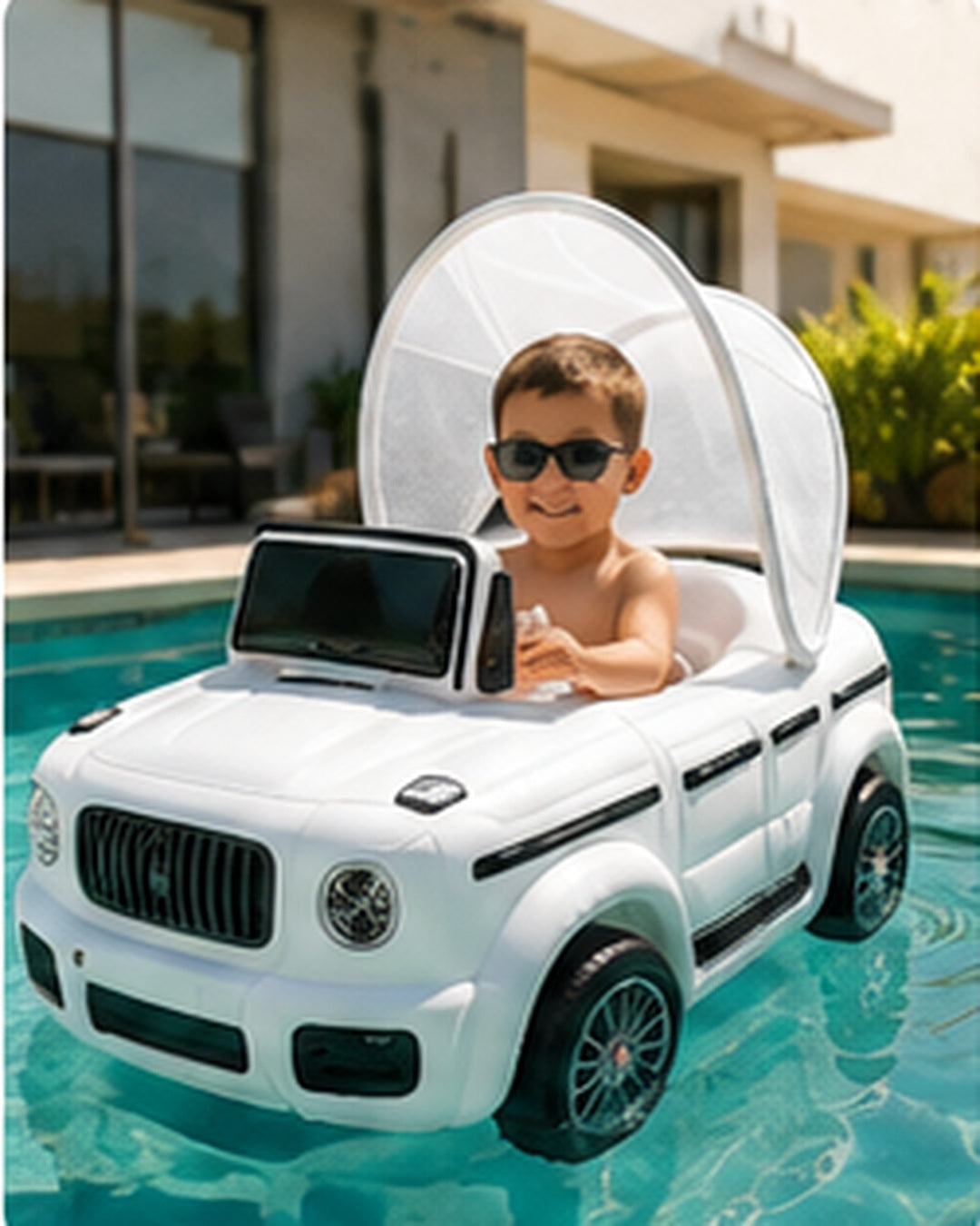 AquaVroom white inflatable pool car in a pool lifestyle scene