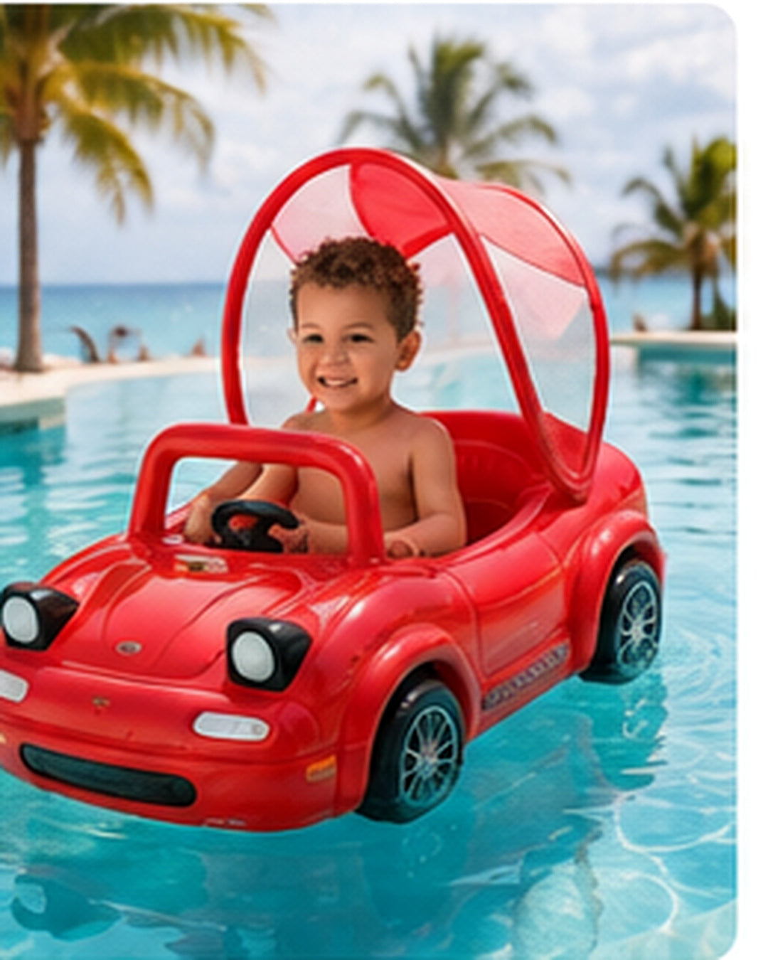 AquaVroom red inflatable pool car in a pool lifestyle scene