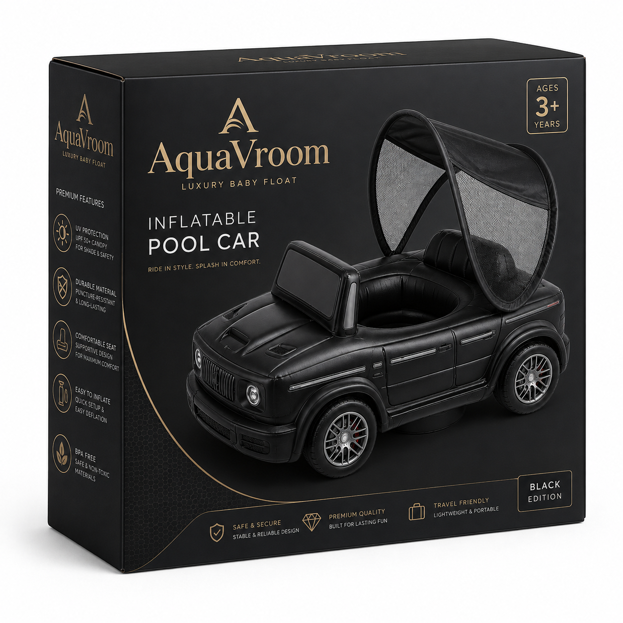 AquaVroom Black Inflatable Pool Car Packaging